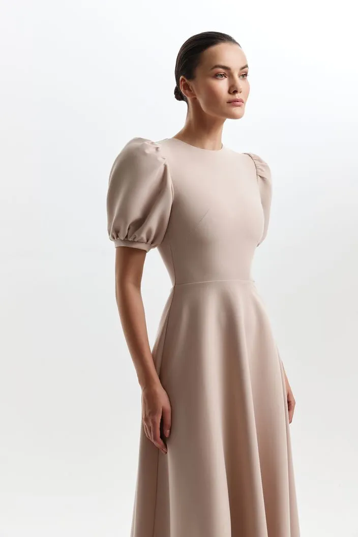 Off White High Neck And Puffy Sleeves Evening Dress