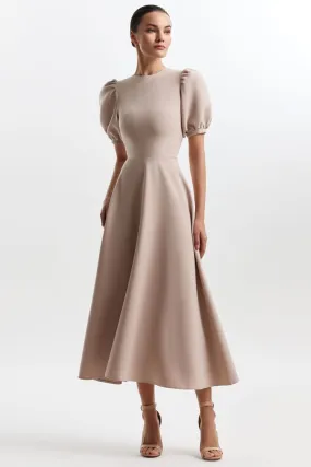 Off White High Neck And Puffy Sleeves Evening Dress
