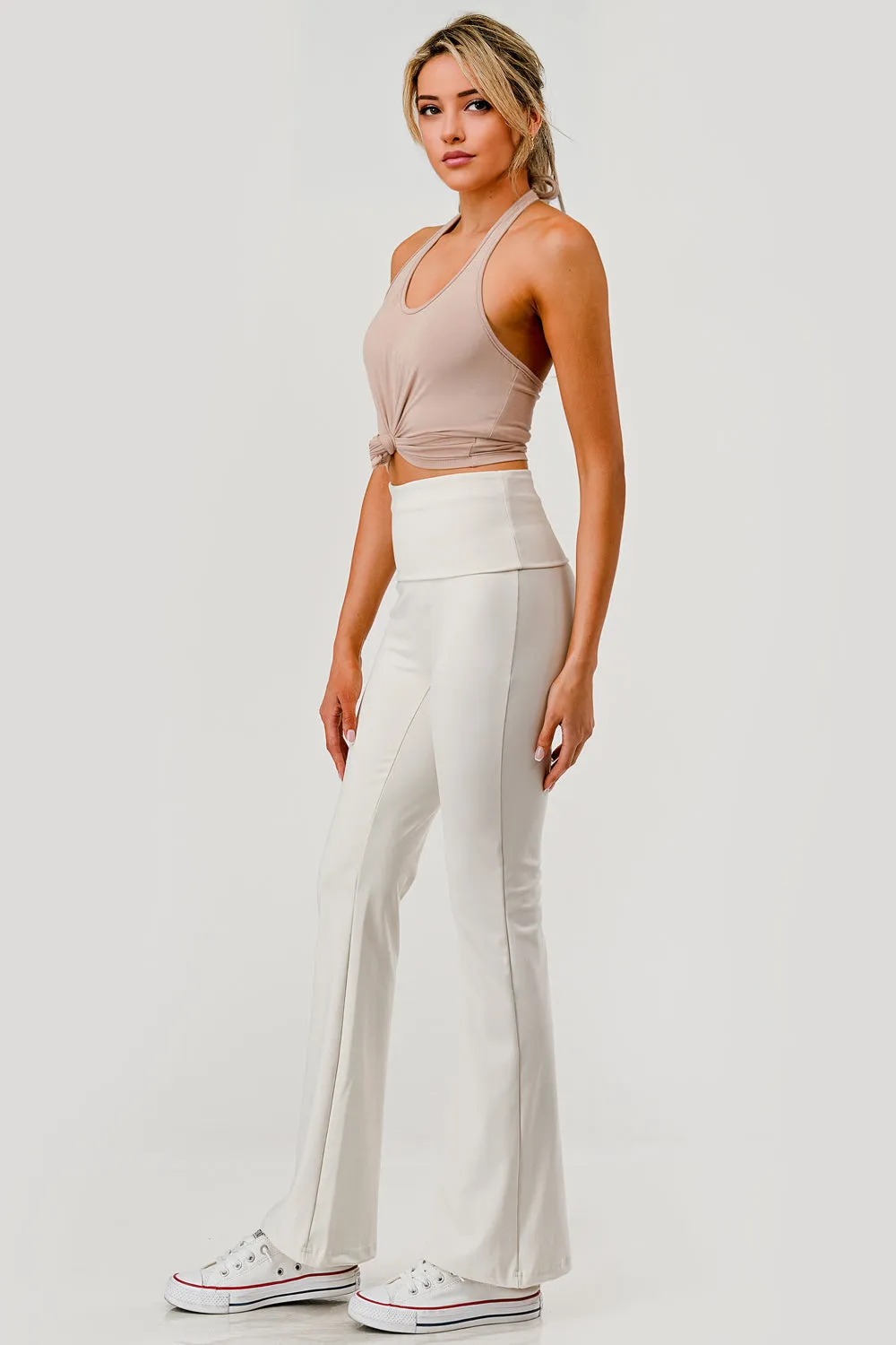 Pillowy Soft Fold Over High Waist Flare Pants - Sand
