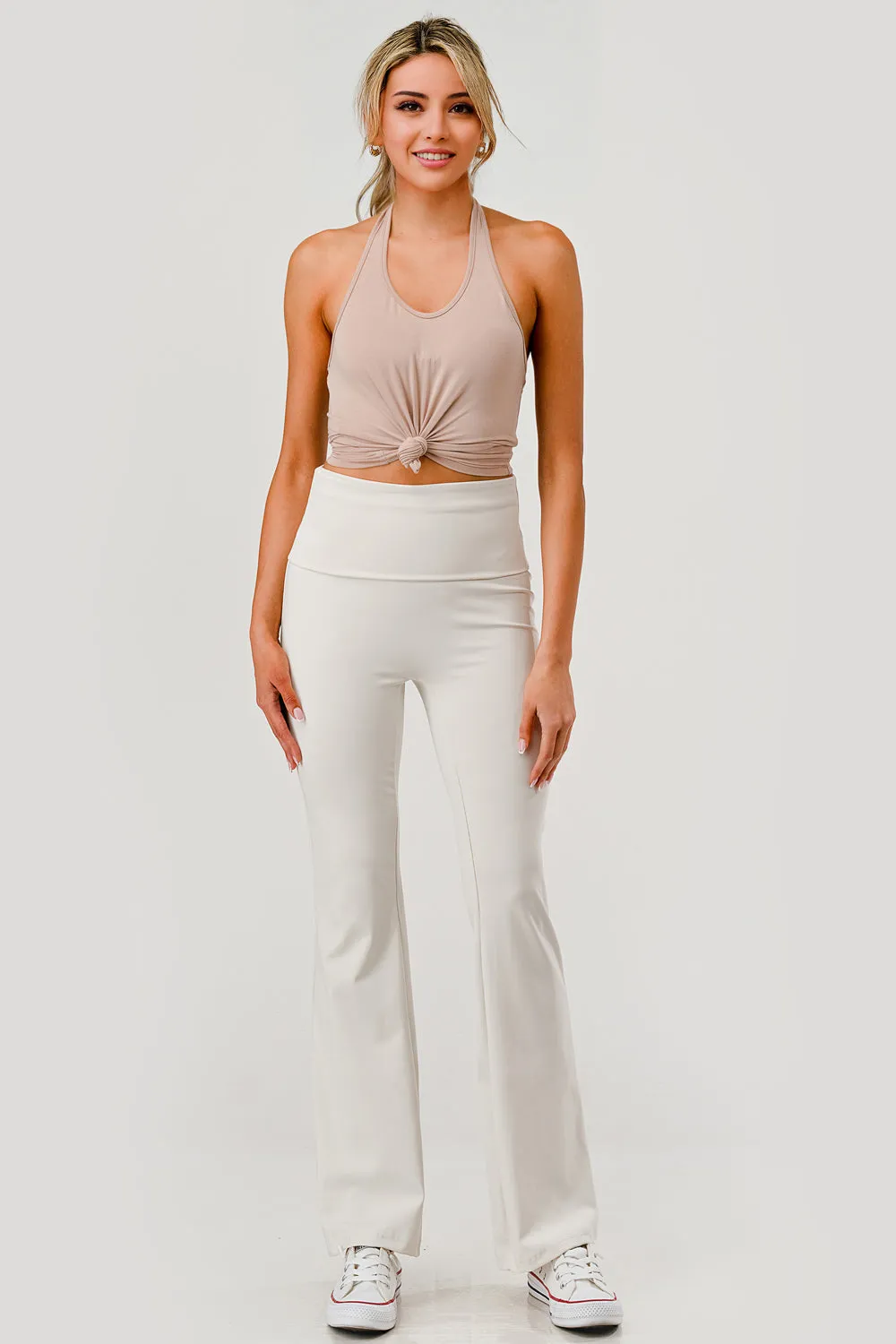 Pillowy Soft Fold Over High Waist Flare Pants - Sand