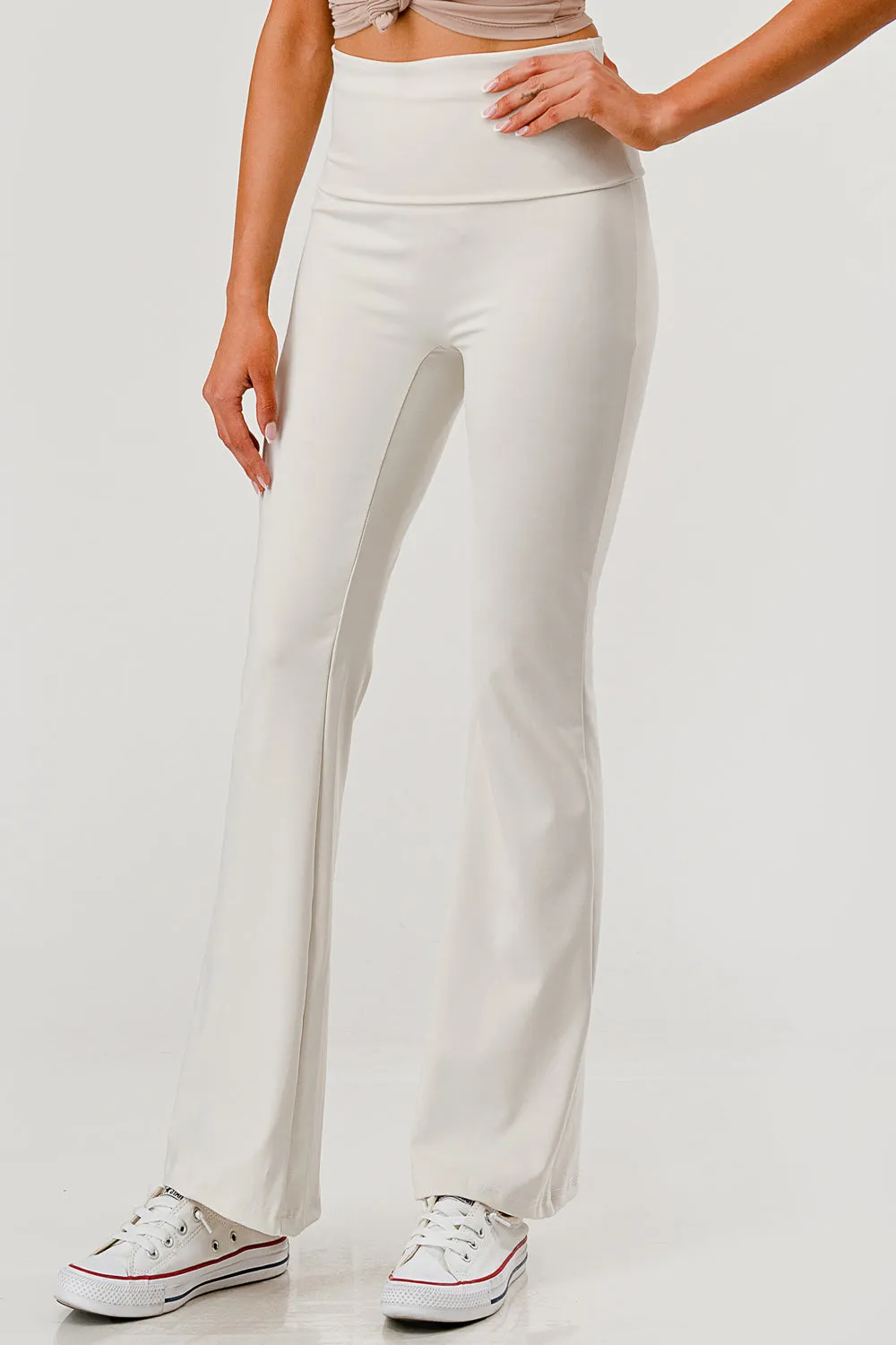 Pillowy Soft Fold Over High Waist Flare Pants - Sand
