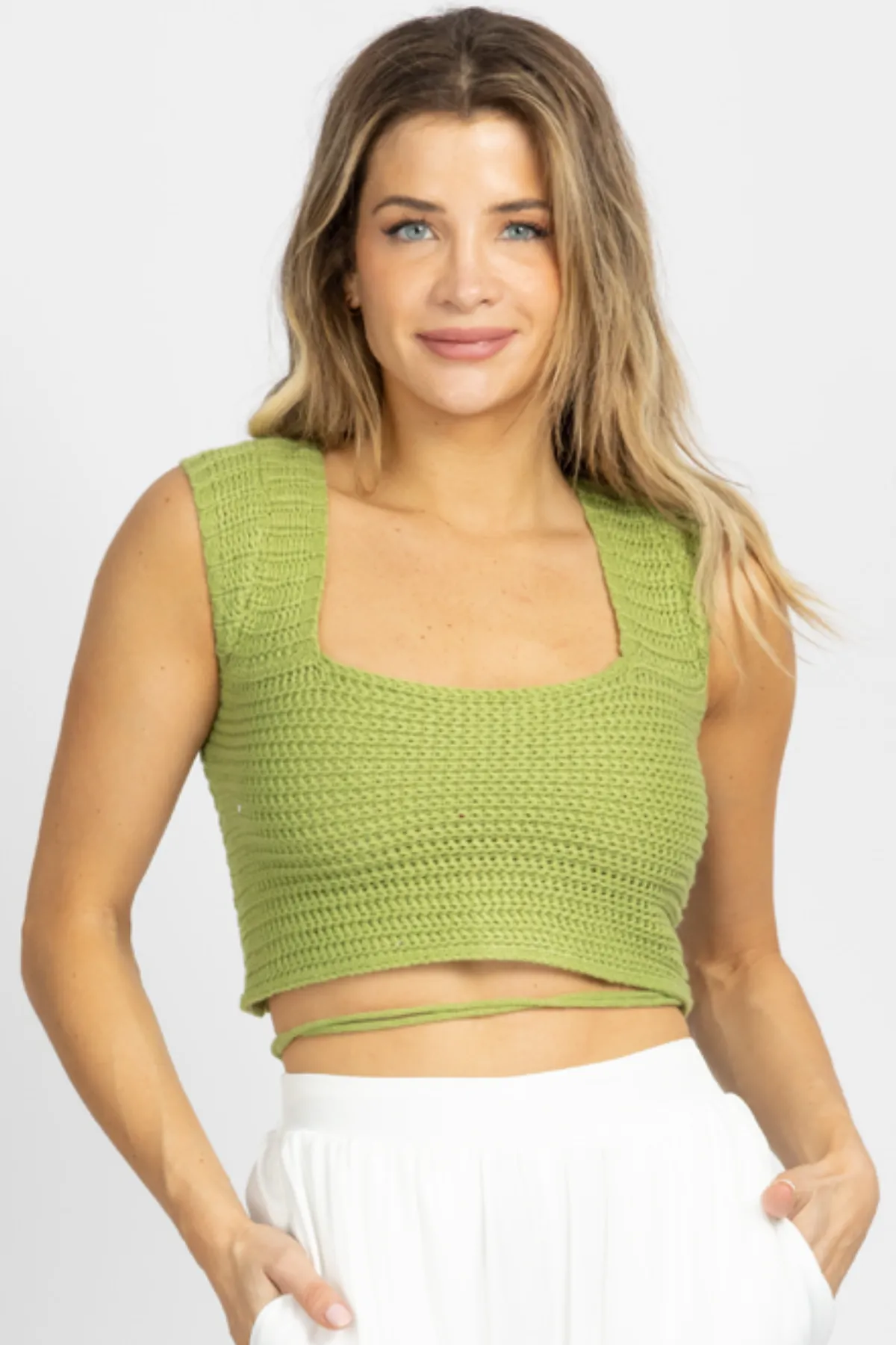 PISTACHIO KNIT CROSS-TIE BACK CROP TOP
