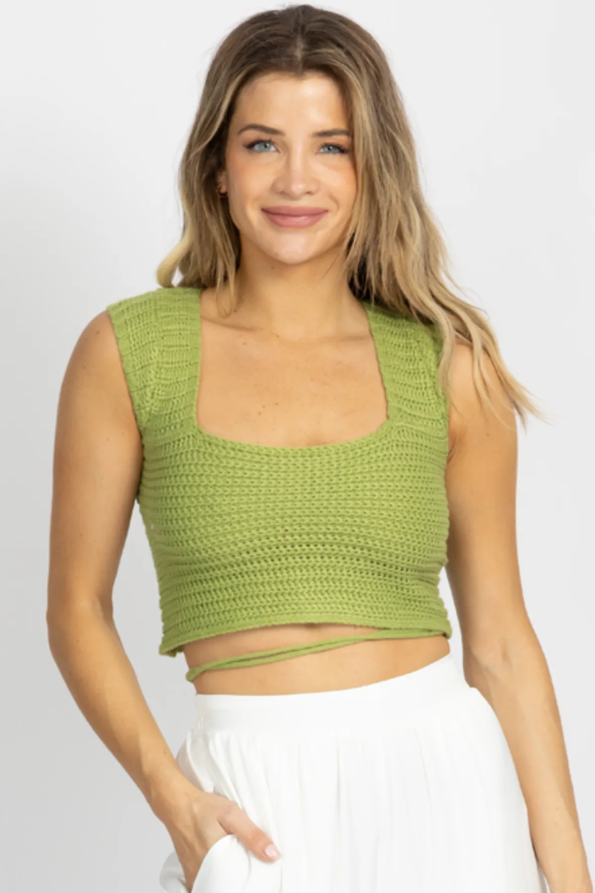 PISTACHIO KNIT CROSS-TIE BACK CROP TOP
