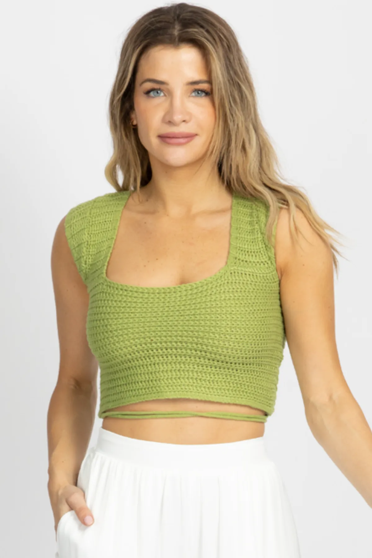 PISTACHIO KNIT CROSS-TIE BACK CROP TOP