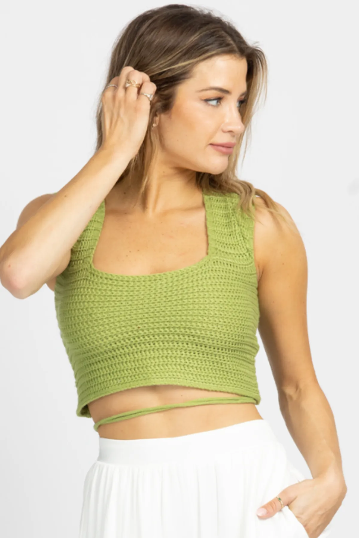 PISTACHIO KNIT CROSS-TIE BACK CROP TOP