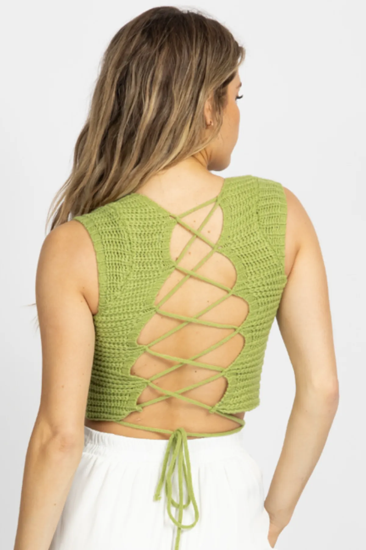 PISTACHIO KNIT CROSS-TIE BACK CROP TOP
