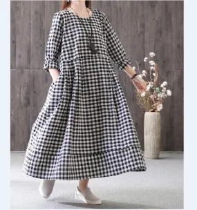 Plaid Cotton Linen Dresses Women Long  Dresses Long Sleeve