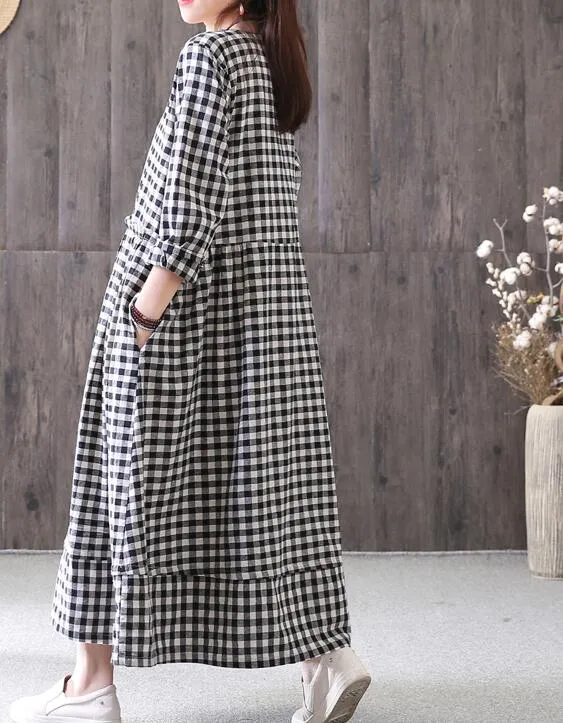 Plaid Cotton Linen Dresses Women Long  Dresses Long Sleeve