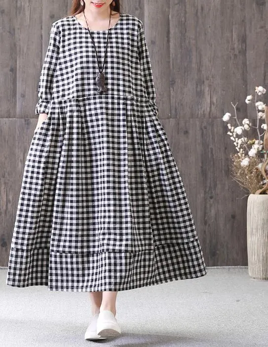 Plaid Cotton Linen Dresses Women Long  Dresses Long Sleeve