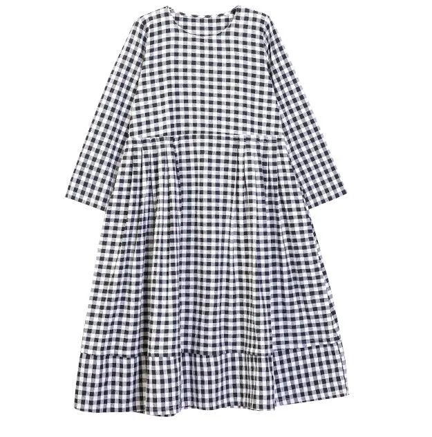 Plaid Cotton Linen Dresses Women Long  Dresses Long Sleeve