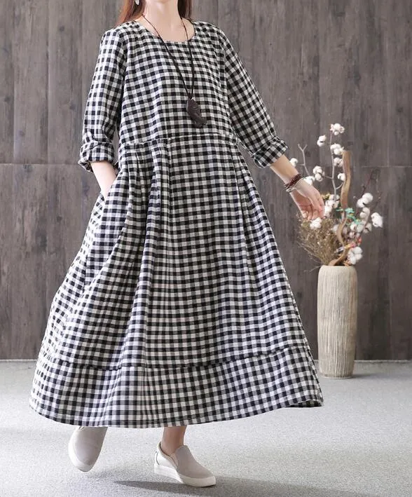 Plaid Cotton Linen Dresses Women Long  Dresses Long Sleeve