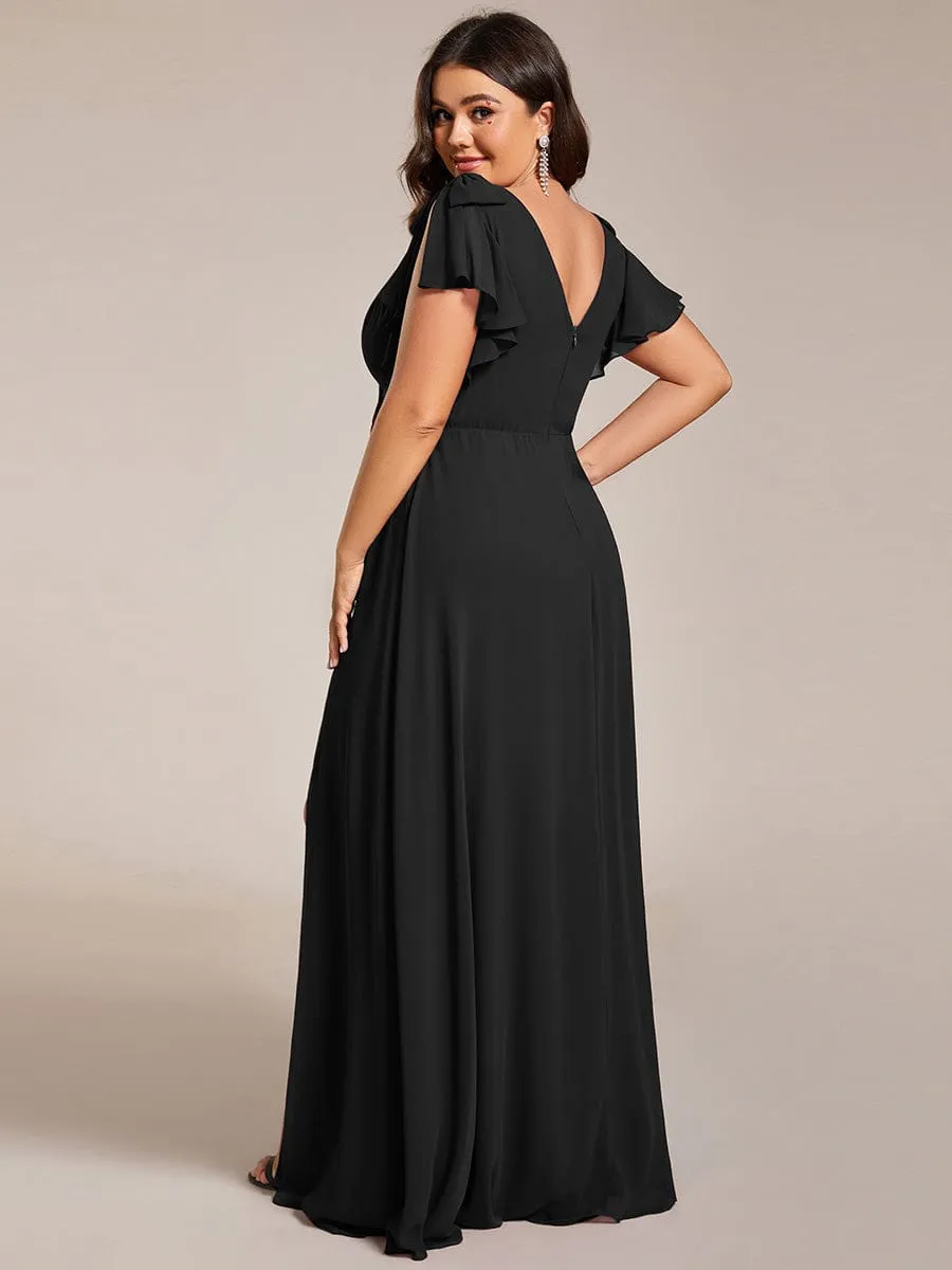 Plus Size Split Ruffles Sleeves with Bowknot Double V-neck Chiffon Bridesmaid Dress