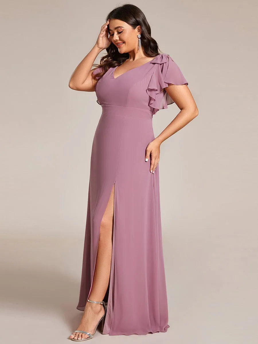 Plus Size Split Ruffles Sleeves with Bowknot Double V-neck Chiffon Bridesmaid Dress