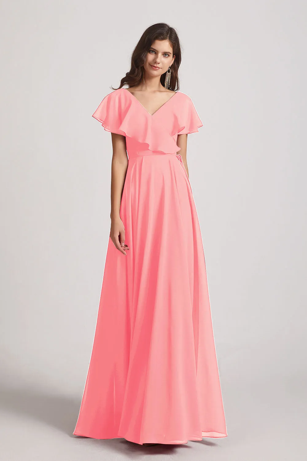 Ruffle Neckline Pleated Chiffon A-Line Bridesmaid Dresses (AF0148)