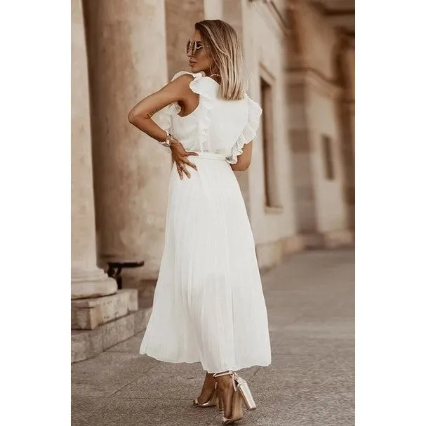 Ruffle Sleeve Pleated Dress - White