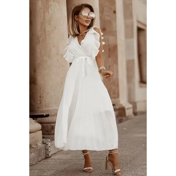 Ruffle Sleeve Pleated Dress - White