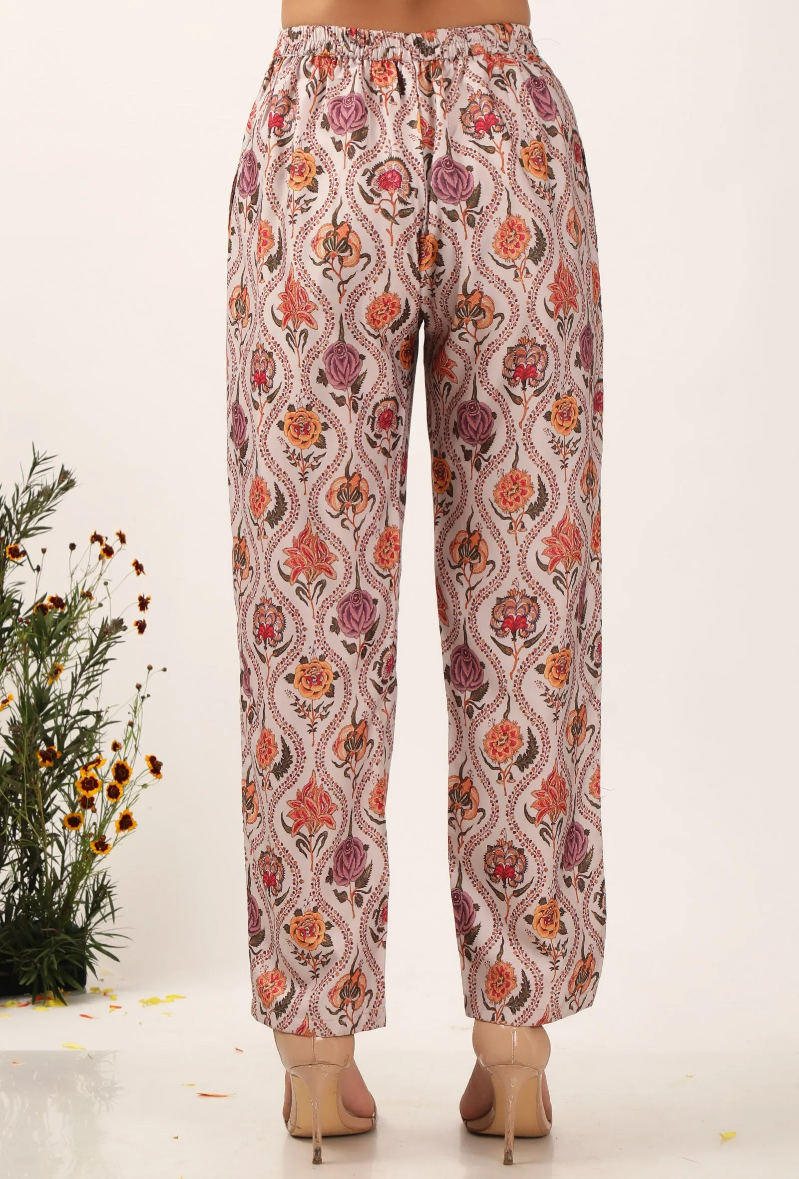 Set Of 3: Airi Floral Chintz Straight Kurta With Narrow Fit Pants & Mustard Organza Tasseled Dupatta