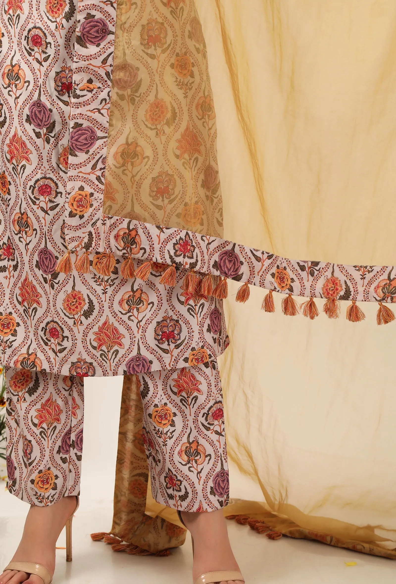 Set Of 3: Airi Floral Chintz Straight Kurta With Narrow Fit Pants & Mustard Organza Tasseled Dupatta