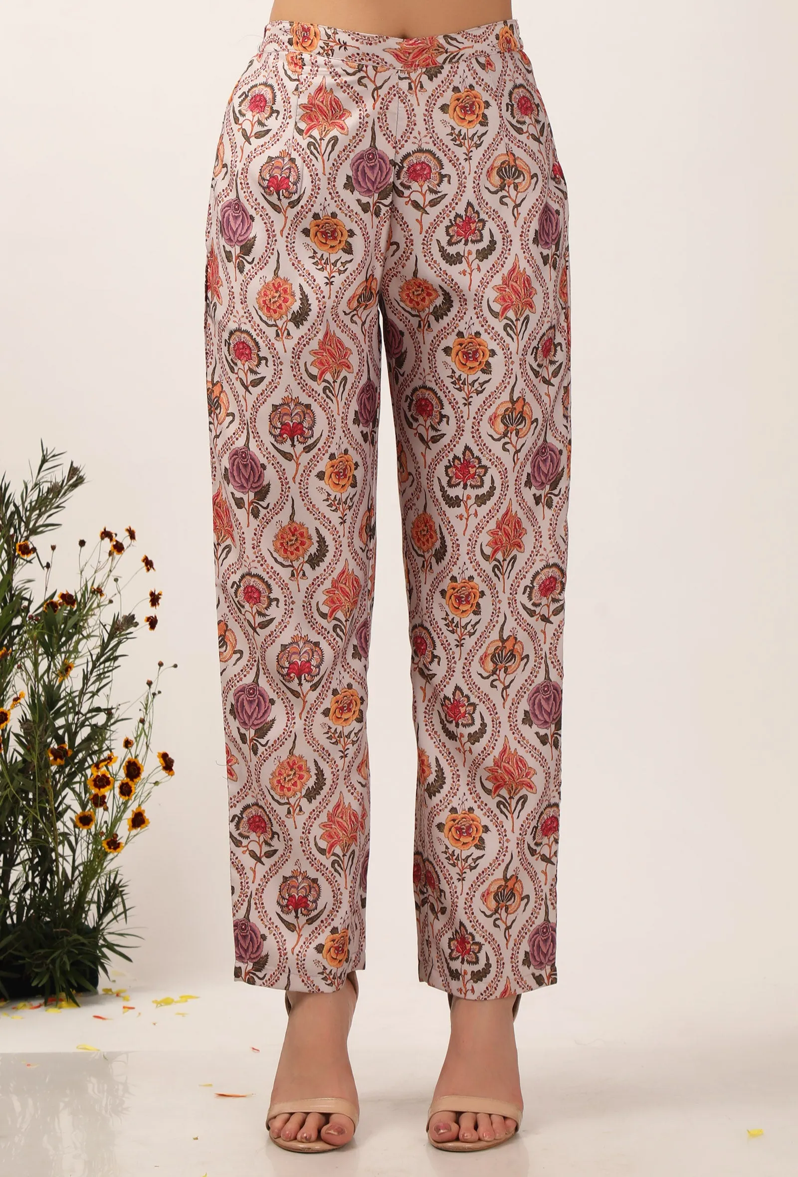 Set Of 3: Airi Floral Chintz Straight Kurta With Narrow Fit Pants & Mustard Organza Tasseled Dupatta
