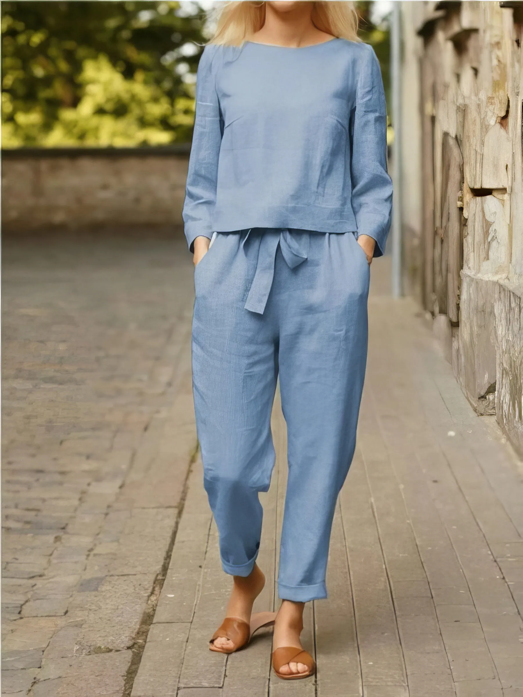 Sets Solid Long Sleeve Top & Belted Pocket Trousers Two-Piece Suit for Women
