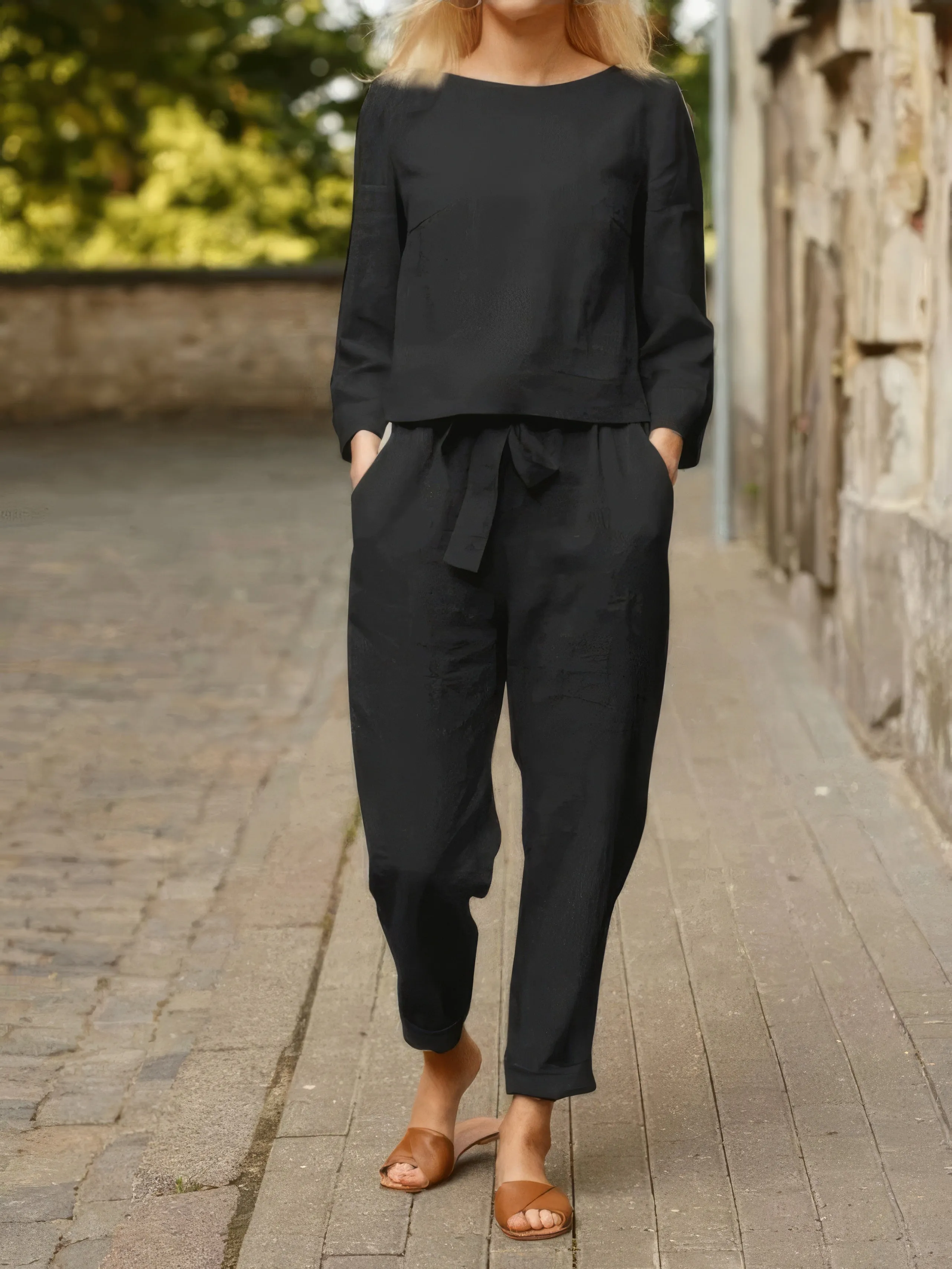 Sets Solid Long Sleeve Top & Belted Pocket Trousers Two-Piece Suit for Women