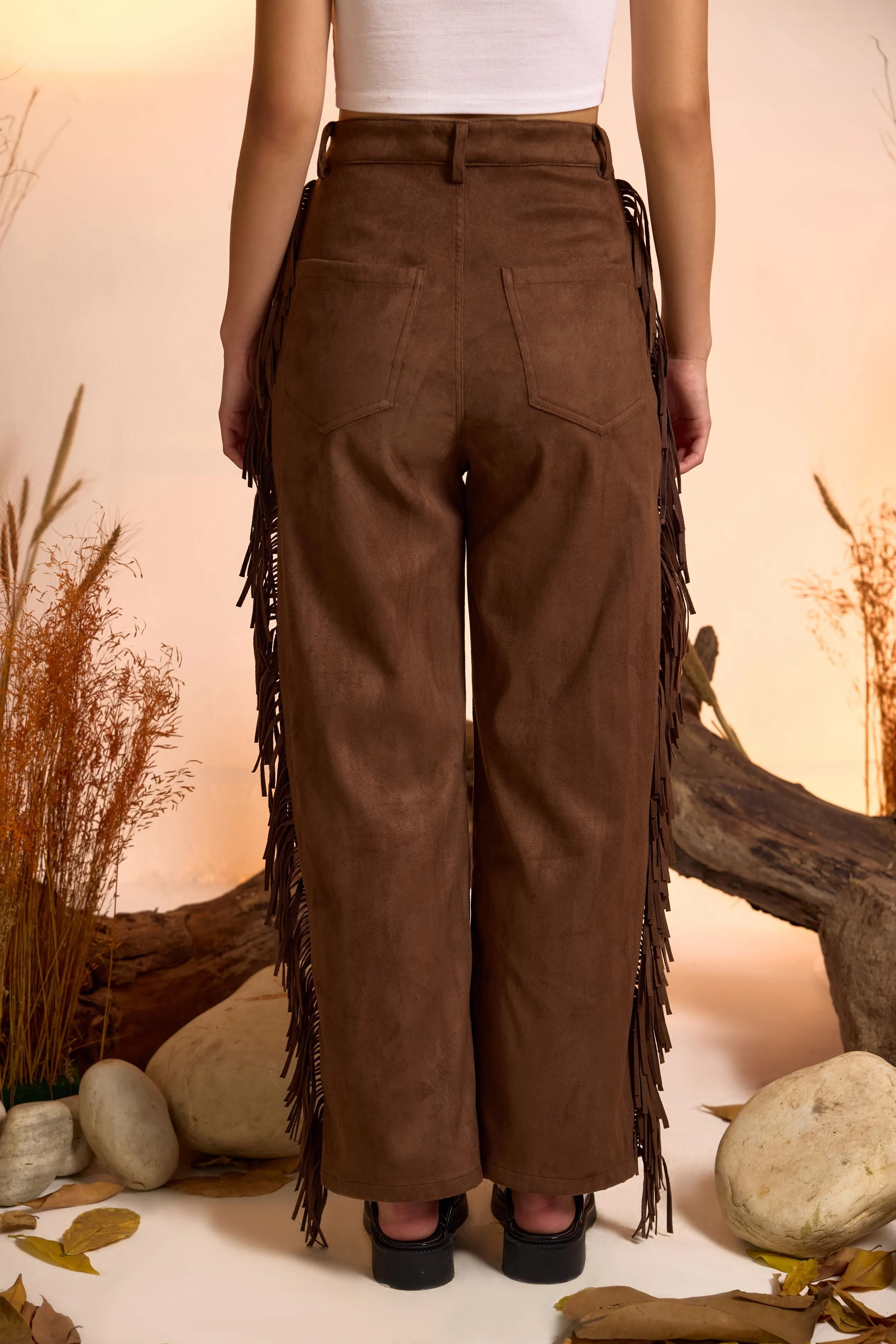 Side Fringe Straight Fit Suede Pant