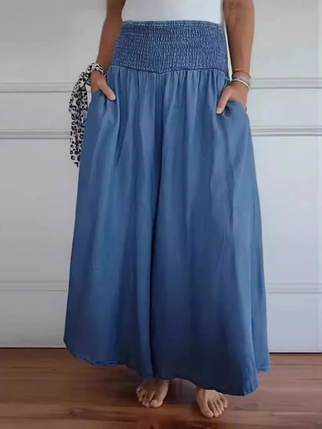 Smocked Casual Wide Leg Pants with Pockets