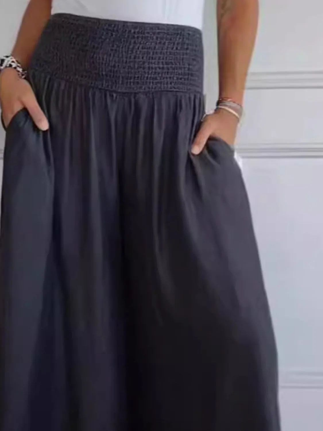 Smocked Casual Wide Leg Pants with Pockets