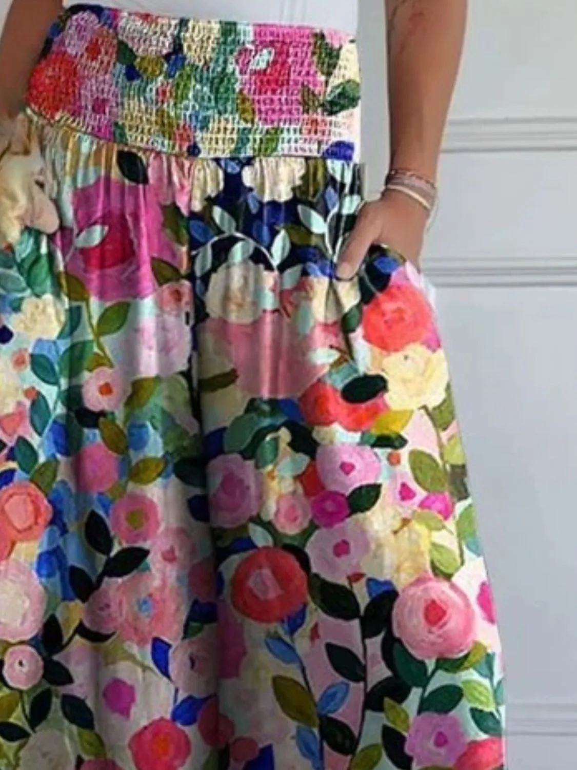 Smocked Casual Wide Leg Pants with Pockets