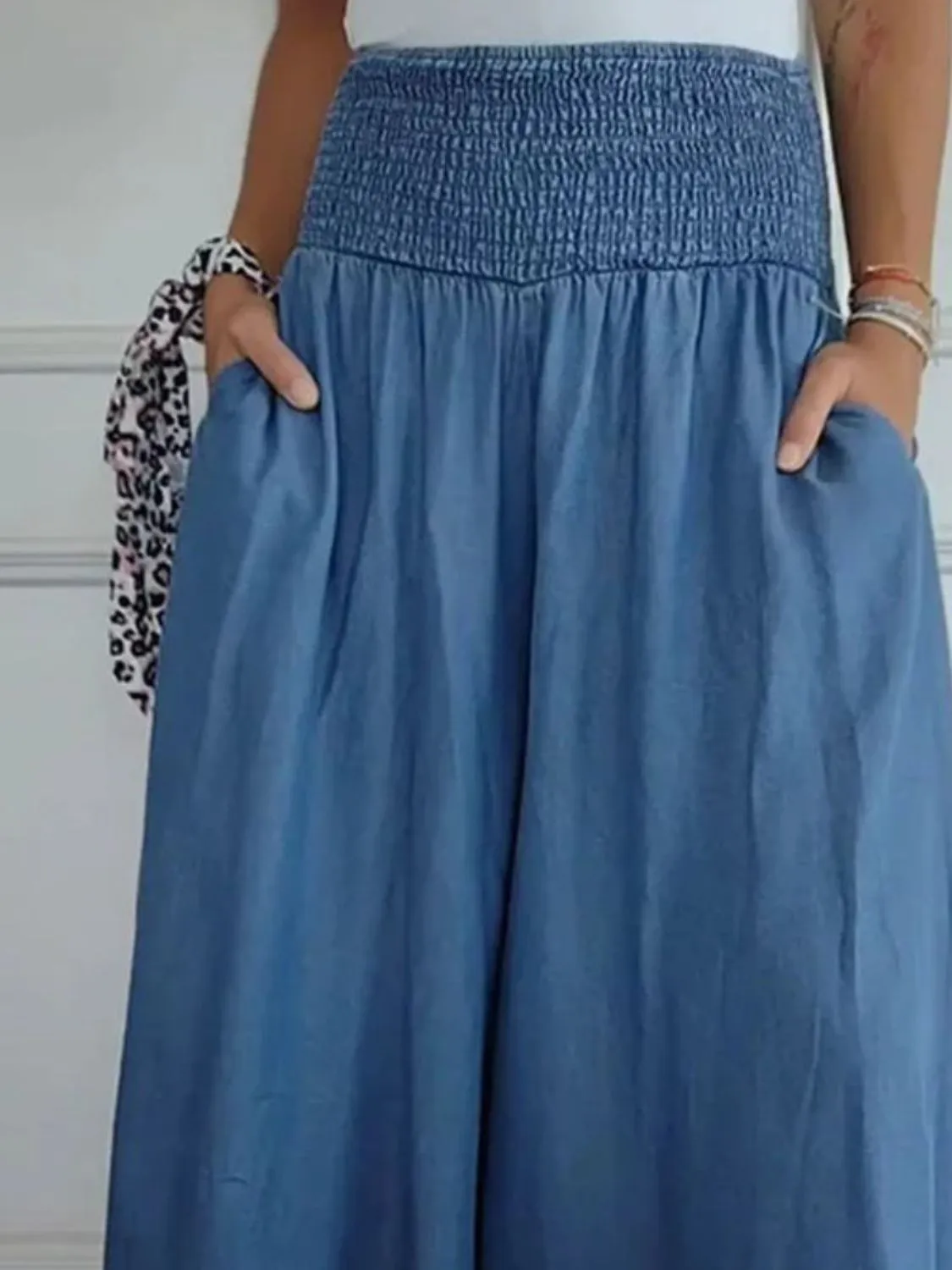 Smocked Casual Wide Leg Pants with Pockets