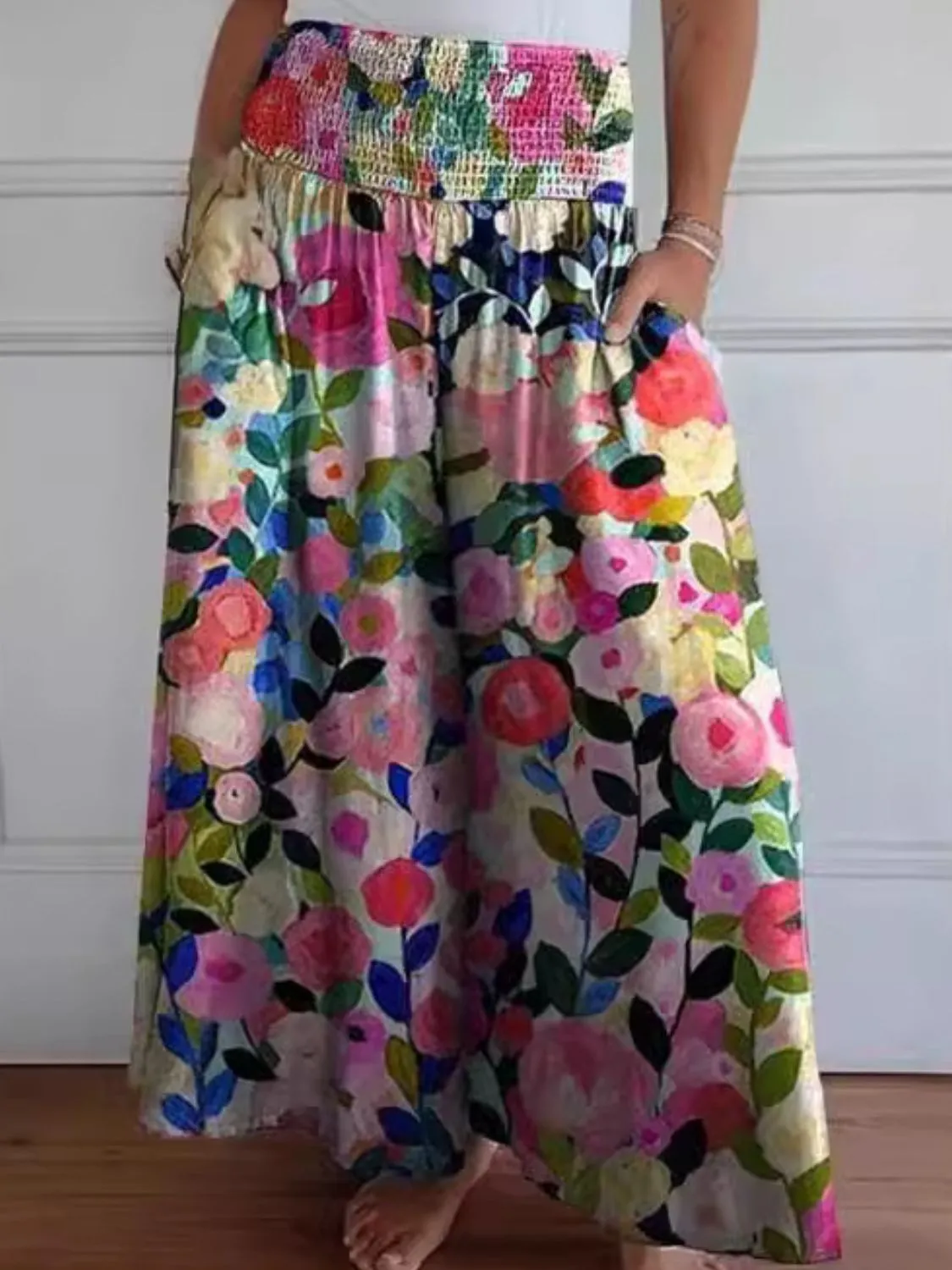 Smocked Casual Wide Leg Pants with Pockets
