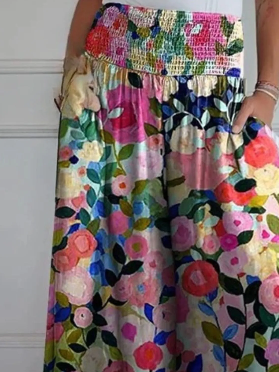 Smocked Casual Wide Leg Pants with Pockets