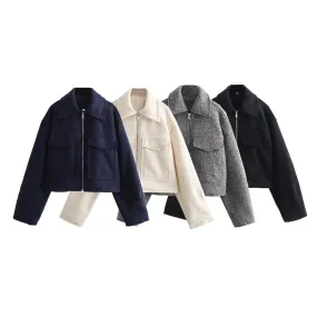 Spring New Product Women's Simple Flip Collar Patch Bag Decoration Bead Leather Zipper Jacket Woolen Coat