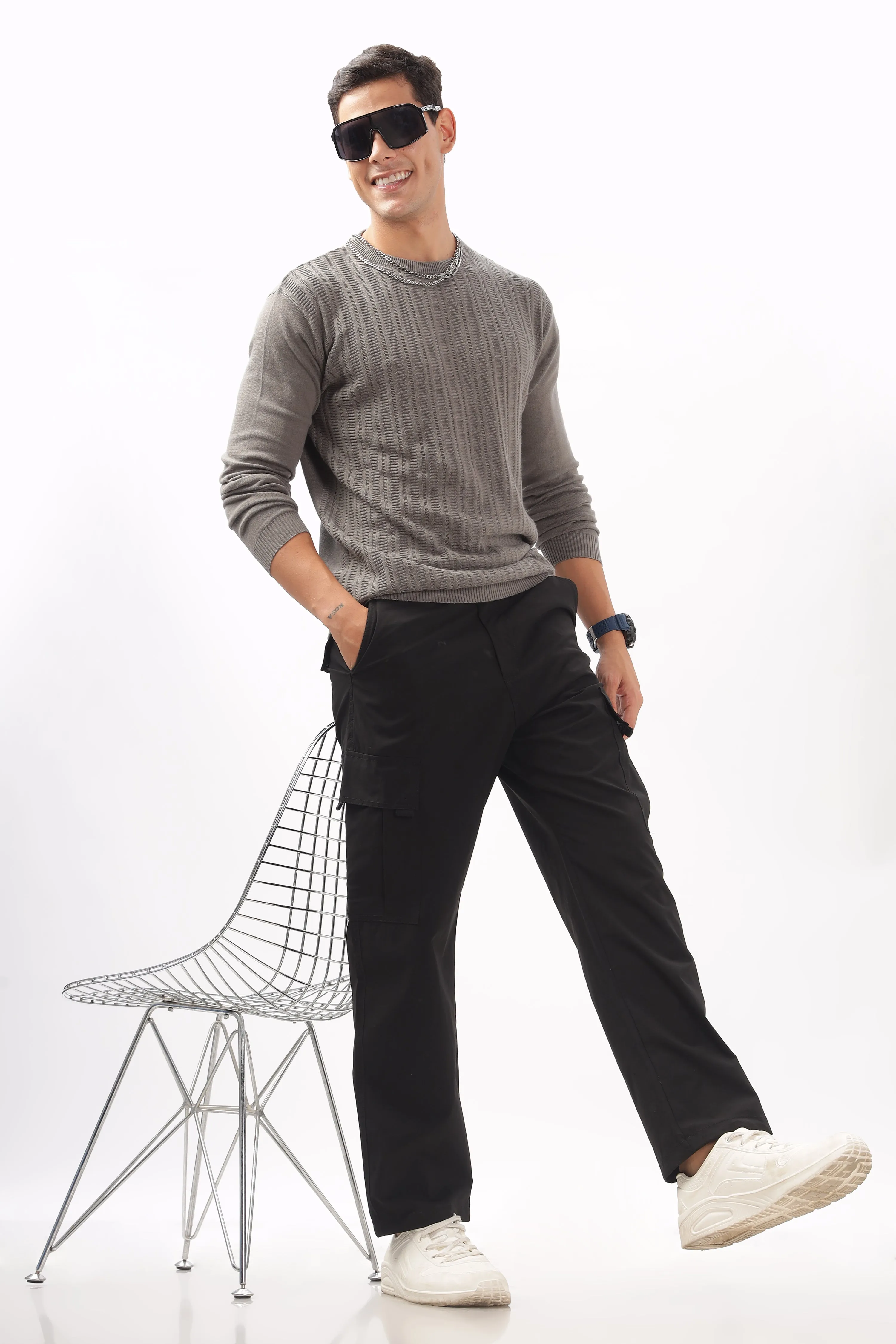 Stripes Knitted Gray Full-Sleeve T-Shirt