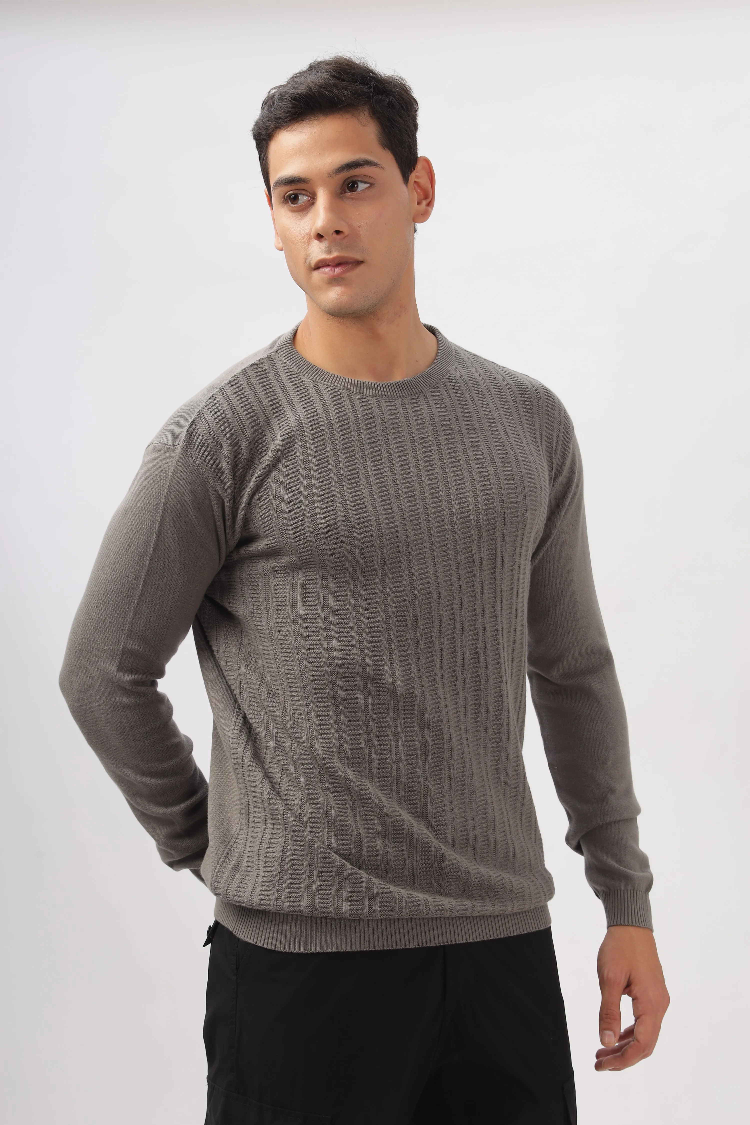Stripes Knitted Gray Full-Sleeve T-Shirt