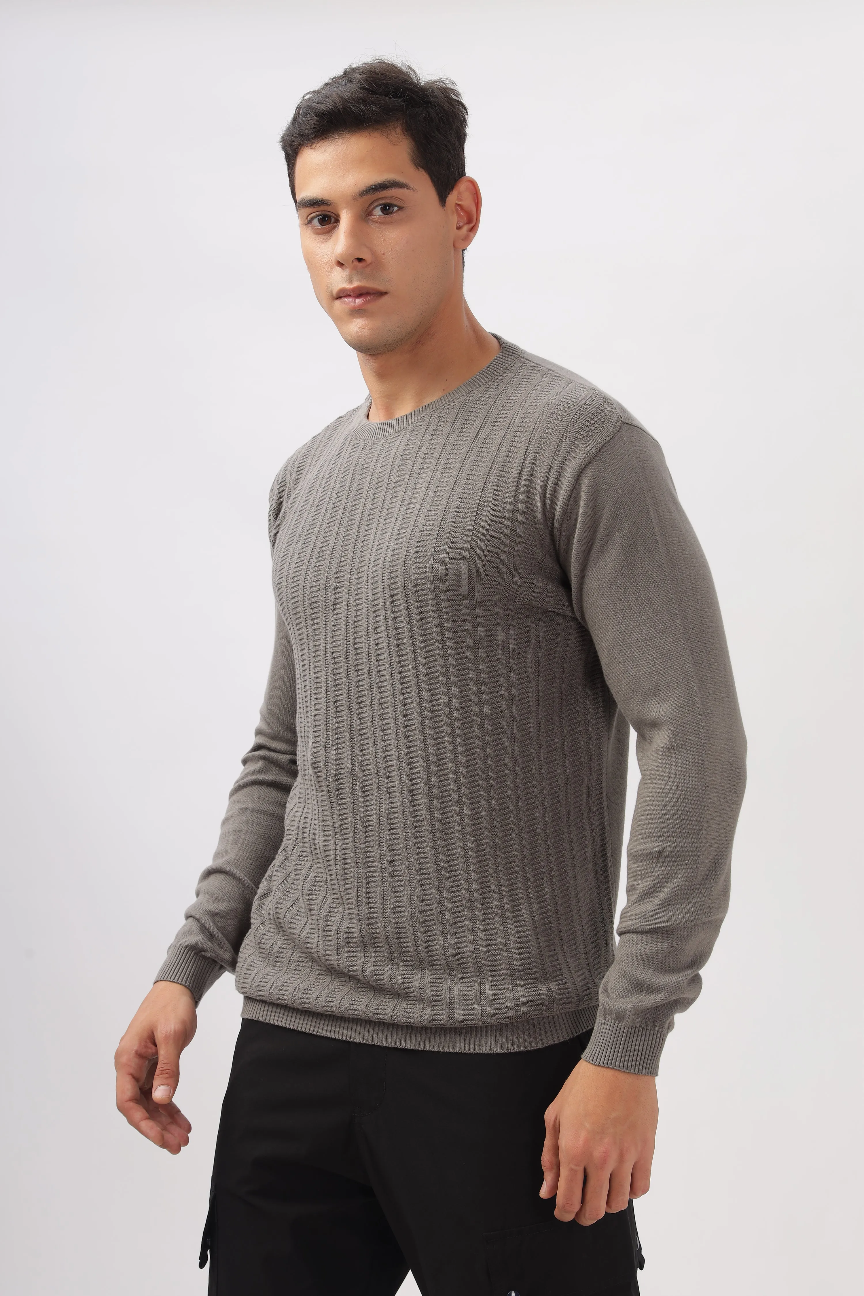 Stripes Knitted Gray Full-Sleeve T-Shirt