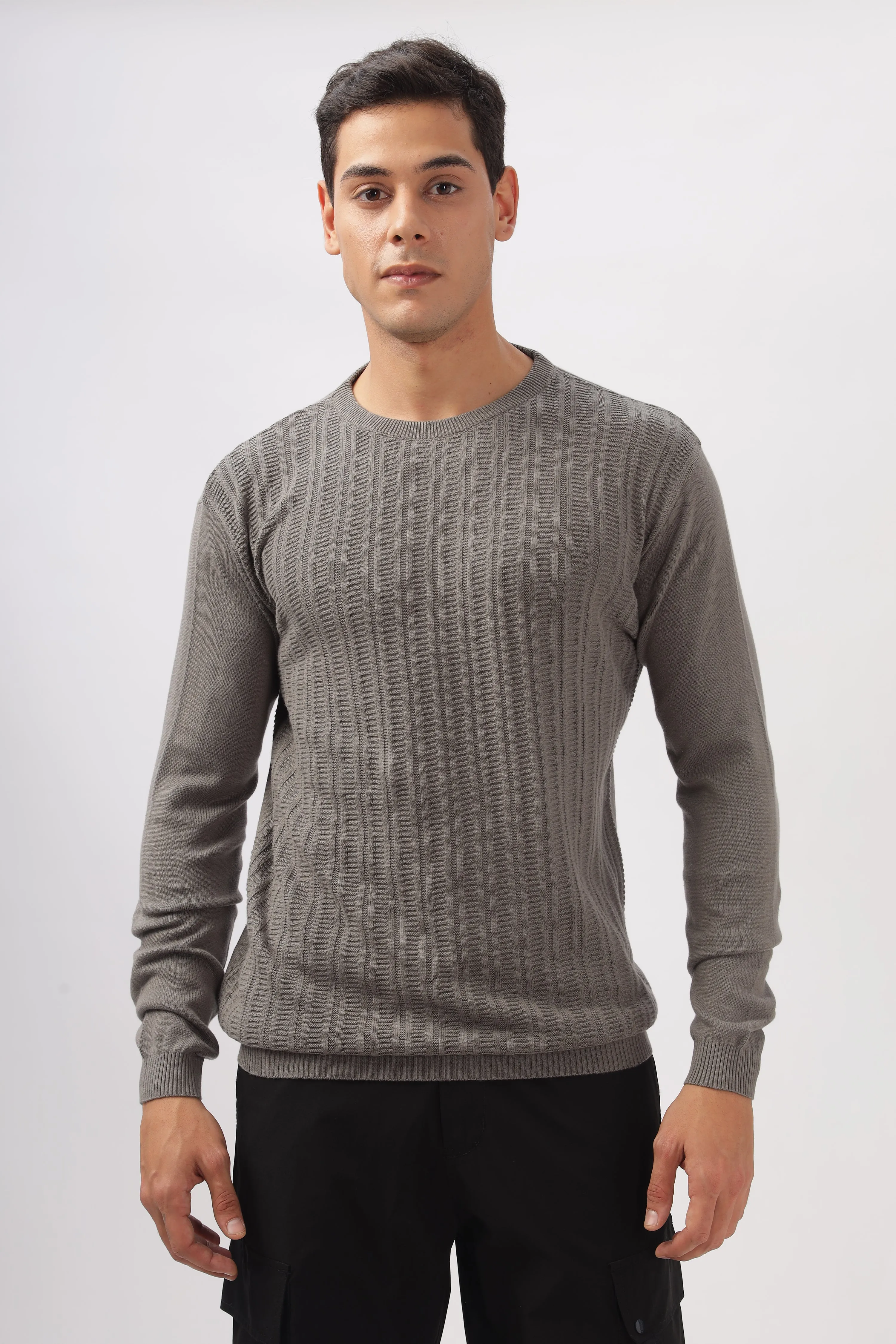Stripes Knitted Gray Full-Sleeve T-Shirt