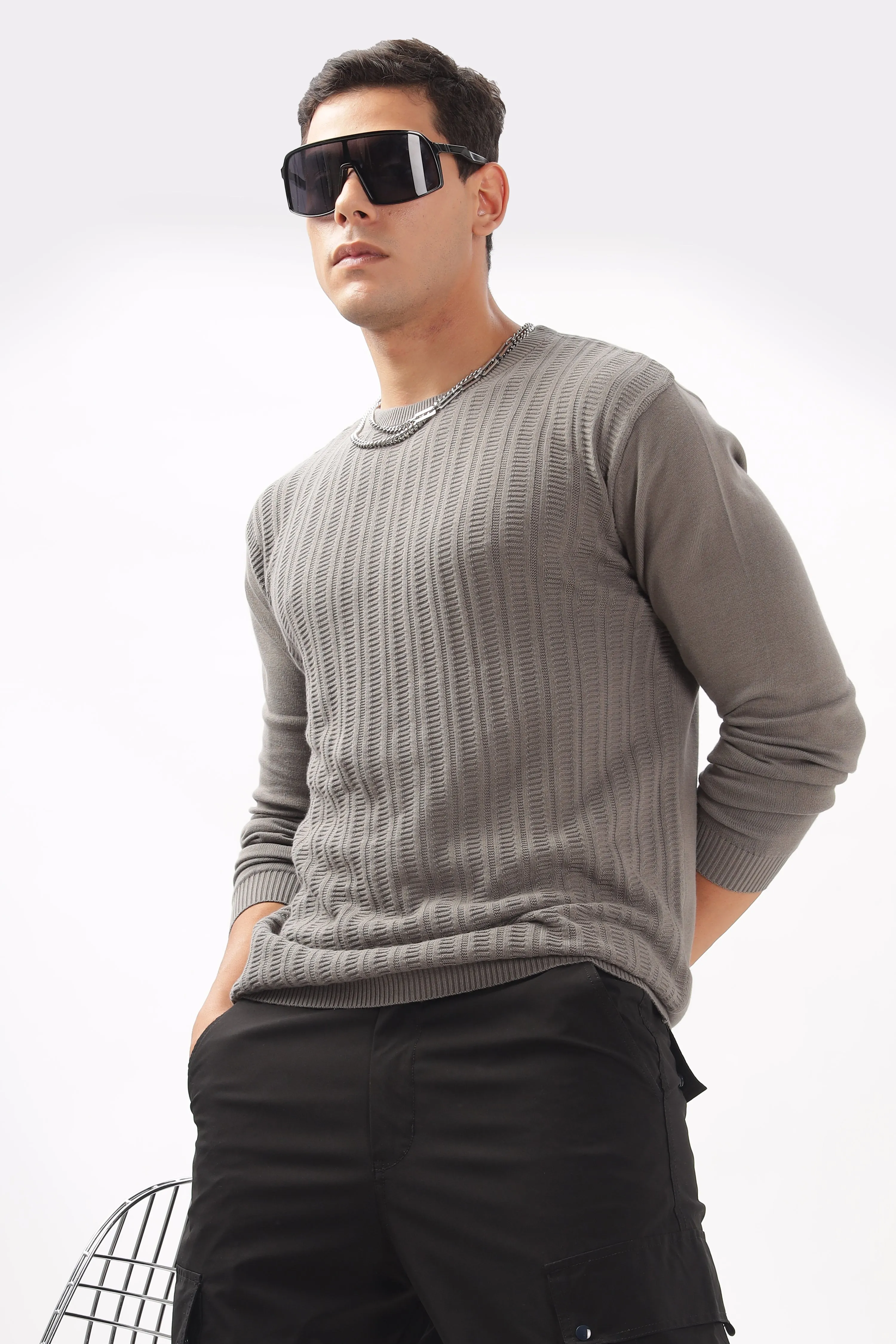 Stripes Knitted Gray Full-Sleeve T-Shirt