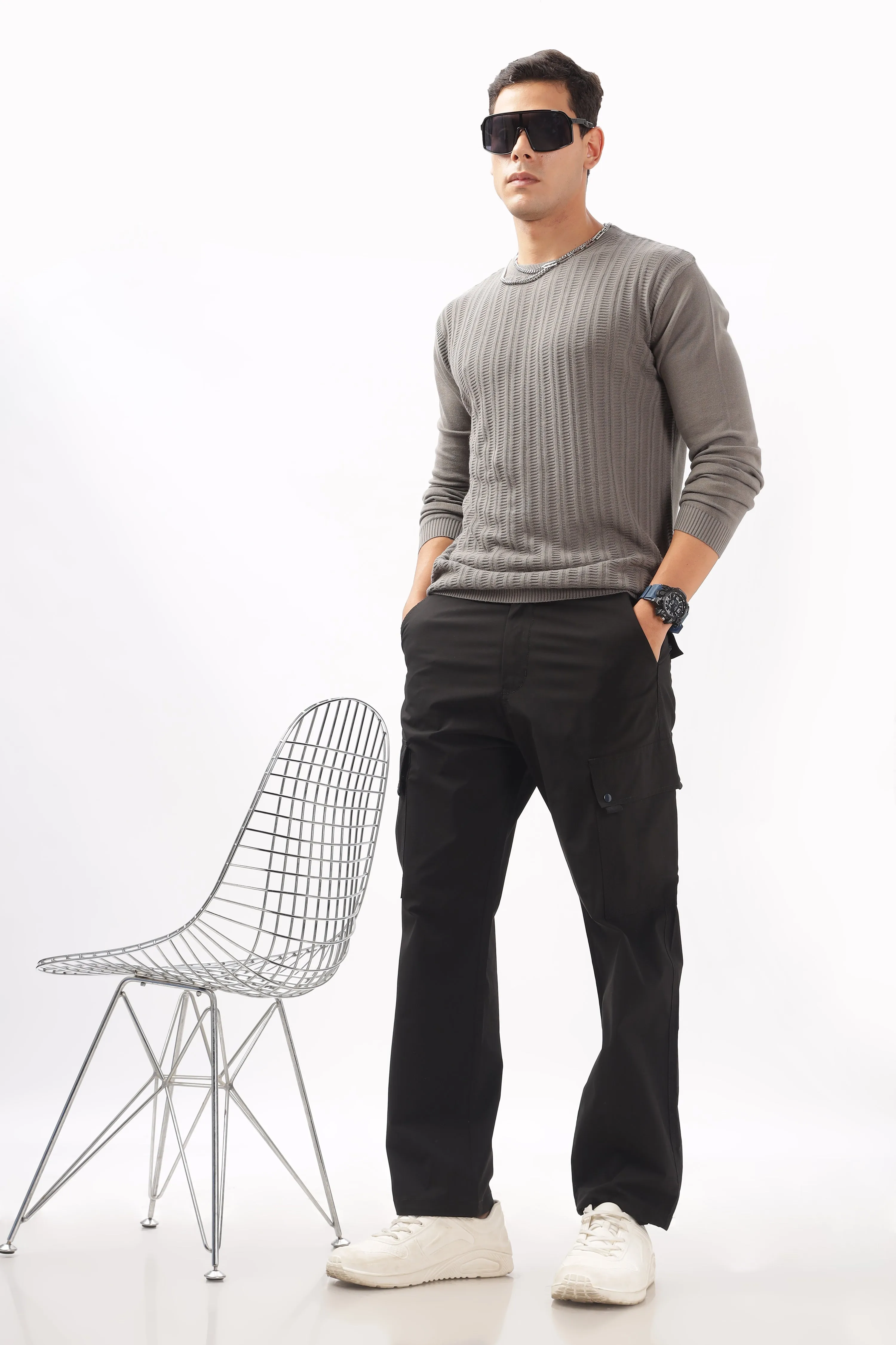 Stripes Knitted Gray Full-Sleeve T-Shirt