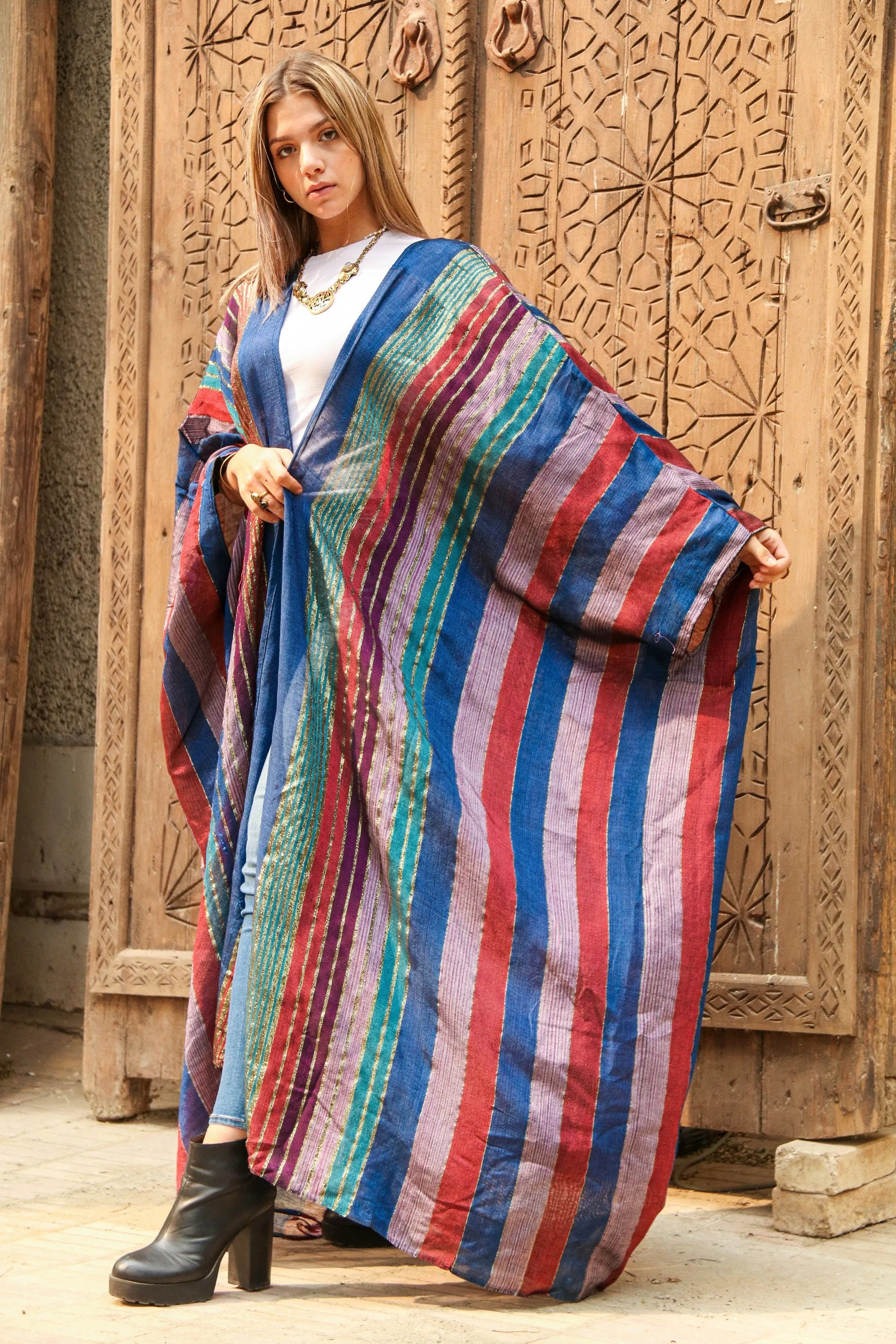 Stunning colorful hand loomed Silk Abaya with gold threads, Summer silk Abaya,  Silk Abaya, Colorful Abaya, Handmade Abaya, women abaya