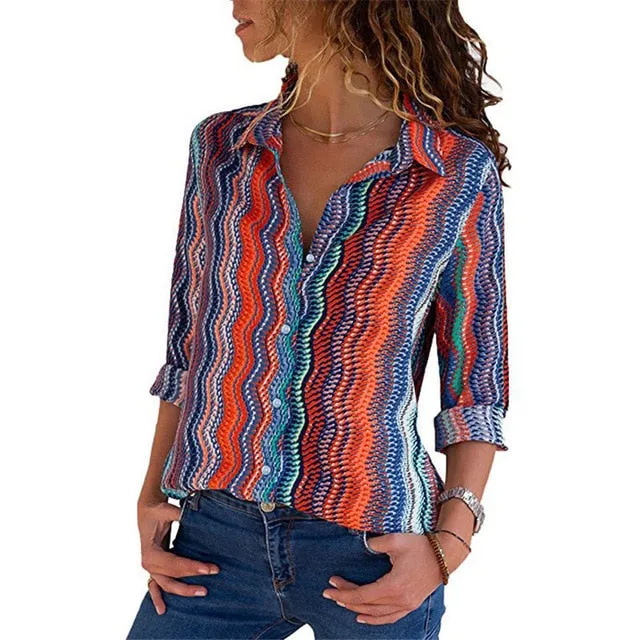 women shirts blouse women plus size chiffon blouse flower/strip printed loose long sleeve 2019 summer new full shirt chemisier f