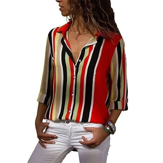 women shirts blouse women plus size chiffon blouse flower/strip printed loose long sleeve 2019 summer new full shirt chemisier f