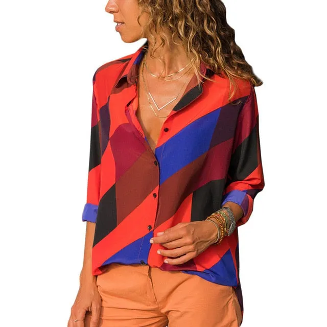 women shirts blouse women plus size chiffon blouse flower/strip printed loose long sleeve 2019 summer new full shirt chemisier f