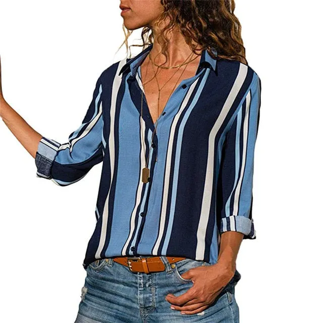 women shirts blouse women plus size chiffon blouse flower/strip printed loose long sleeve 2019 summer new full shirt chemisier f