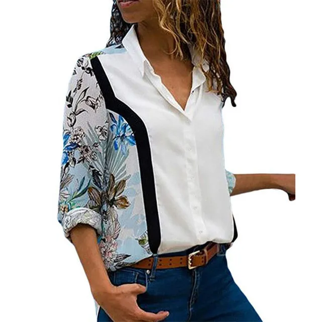 women shirts blouse women plus size chiffon blouse flower/strip printed loose long sleeve 2019 summer new full shirt chemisier f