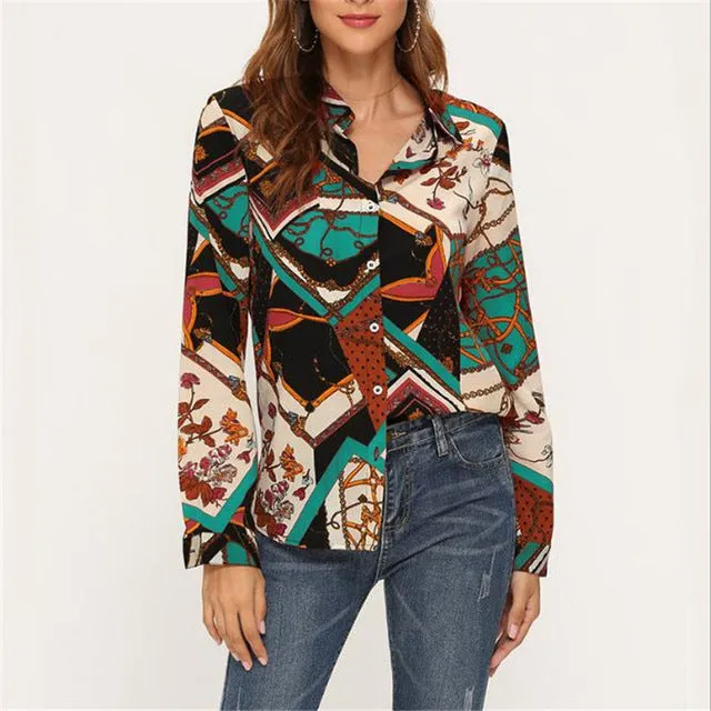 women shirts blouse women plus size chiffon blouse flower/strip printed loose long sleeve 2019 summer new full shirt chemisier f