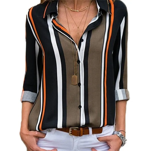 women shirts blouse women plus size chiffon blouse flower/strip printed loose long sleeve 2019 summer new full shirt chemisier f