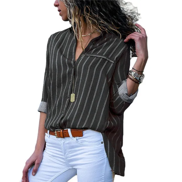women shirts blouse women plus size chiffon blouse flower/strip printed loose long sleeve 2019 summer new full shirt chemisier f
