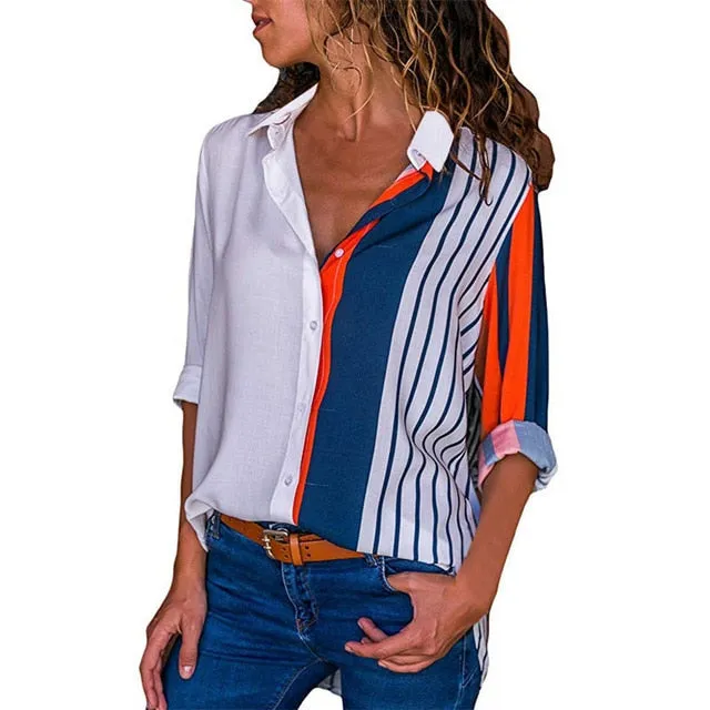 women shirts blouse women plus size chiffon blouse flower/strip printed loose long sleeve 2019 summer new full shirt chemisier f