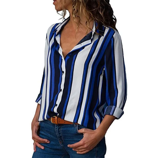 women shirts blouse women plus size chiffon blouse flower/strip printed loose long sleeve 2019 summer new full shirt chemisier f